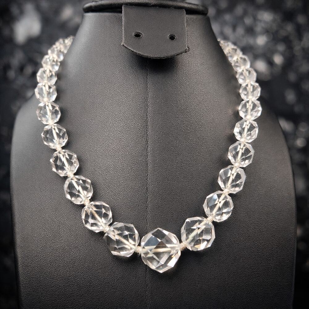 Vtg Faceted Quartz Crystal Graduated Hand Knotted Necklace 14K White Gold Clasp